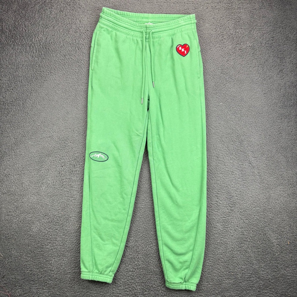 Aerie Womens XS Green Ski Graphic Jogger Sweatpants Heart Smiley Face Mountain